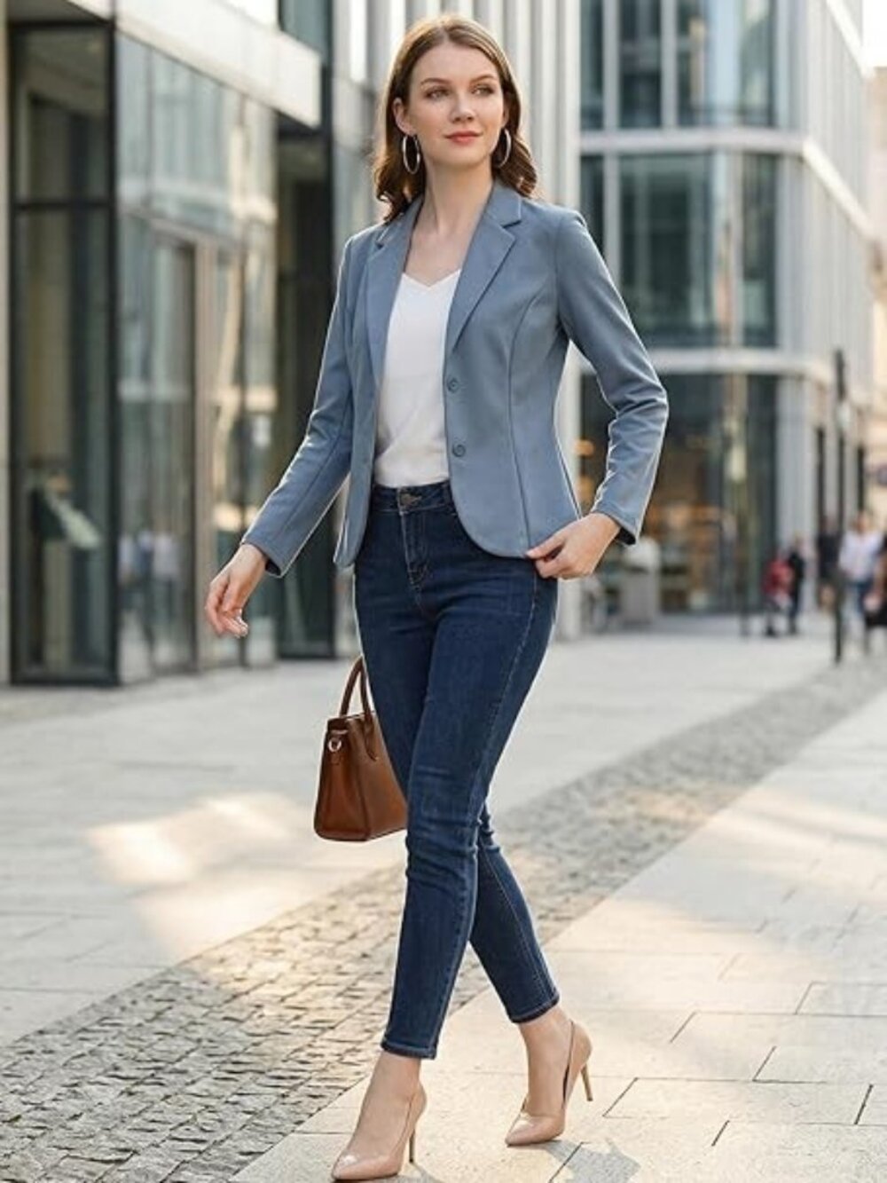 Work Office Lapel Collar Stretch Jacket Suit Blazer - Medium. Grayish Blue